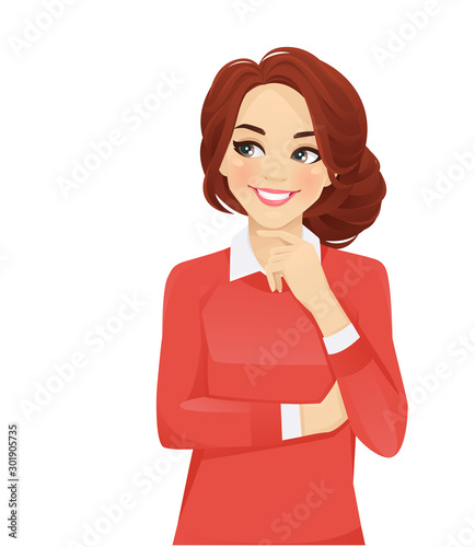 Casual business thinking woman looking away isolated vector illustration