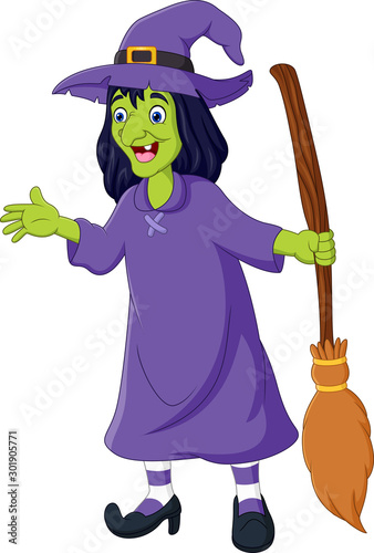 Cartoon old witch with a broom