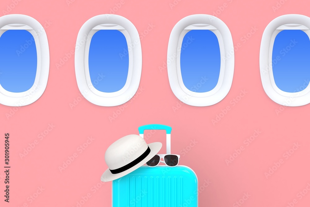 Close up modern blue suitcases bag with sun glasses, hat and airplane window on pink background. Travel concept. Vacation trip. Copy space. Minimal style. 3D rendering illustration