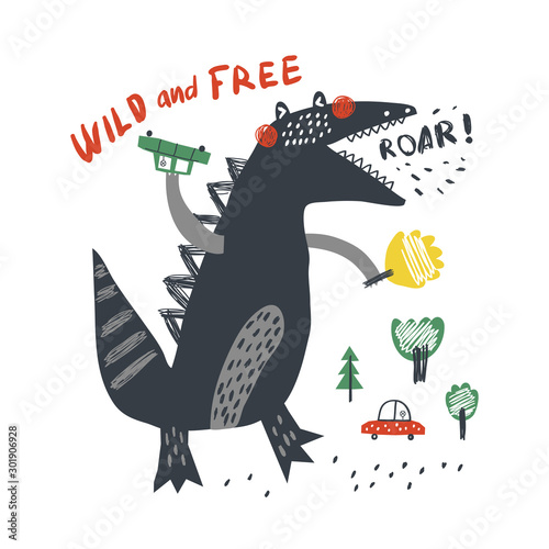 Cute dinosaur. Cartoon creative dino vector illustration in childish style. Vector Illustration. Can be used print print for t-shirts, home decor, posters, cards.