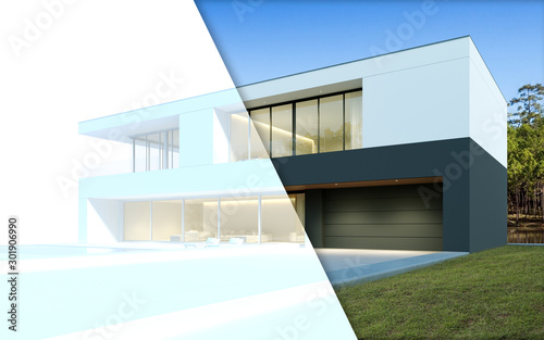 Half frame perspective of luxury modern house with swimming pool on forest lake background and building wire-frame, Idea of minimal architecture design. 3D rendering