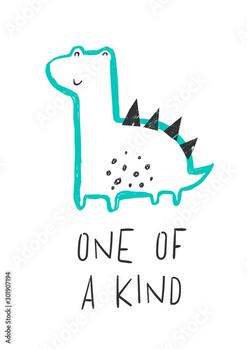 Cute little dinosaur. Vector card with dino baby and text ONE OF A KIND. Cute hand drawing backgtound with smiling cartoon characters. Childish poster with animal.