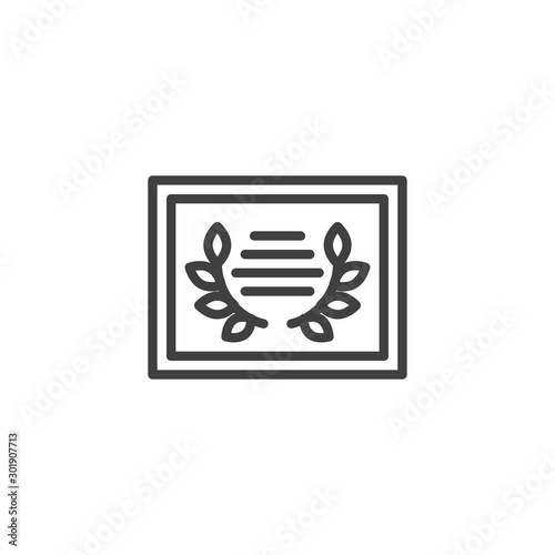 Achievement certificate line icon. linear style sign for mobile concept and web design. Laurel wreath award crtificate outline vector icon. Symbol  logo illustration. Vector graphics