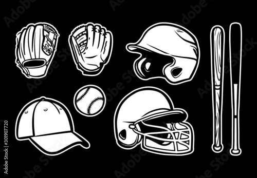 baseball equipment vector set clip art icon logo black white