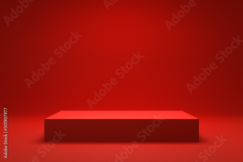 Empty Red background and stand display or shelf with studio for showing or design christmas concept. Blank backdrop made from cement material. Realistic 3D render. photo