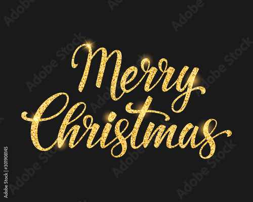 Merry Christmas gold lettering design on black background. Vector illustration.