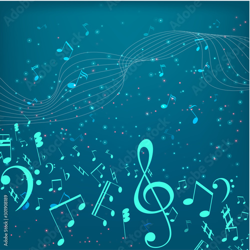 Vector Illustration of an Abstract Background with Music notes. Colorful music background. Shining Notes and Treble Clef. Digital audio equalizer.