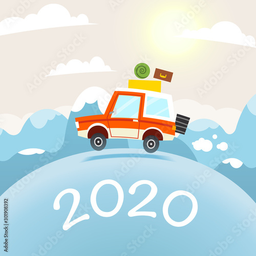 2020 Happy New Year Post card design. Mountain Travel Illustration. Vector flat cartoon car and winter landscape