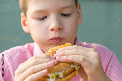 boy in a red shirt eats a fast food sandwich, portrait, close-up