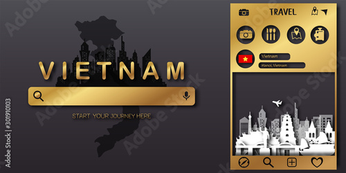 Vietnam Travel postcard, poster, tour advertising of world famous landmarks in paper cut style. Vectors illustrations