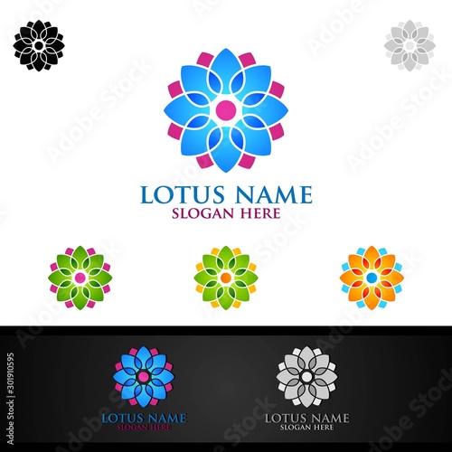 Yoga and Lotus flower logo with Health Spa Concept and Human silhouette