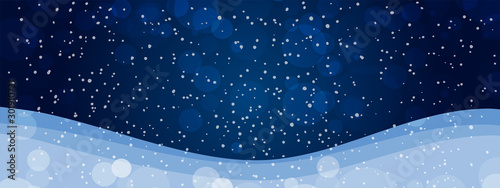 Modern laconic winter background with a place for an inscription. Beautiful night landscape with falling snow. Banner for the New Year and Christmas holidays, seasonal sales. Flat stock vector