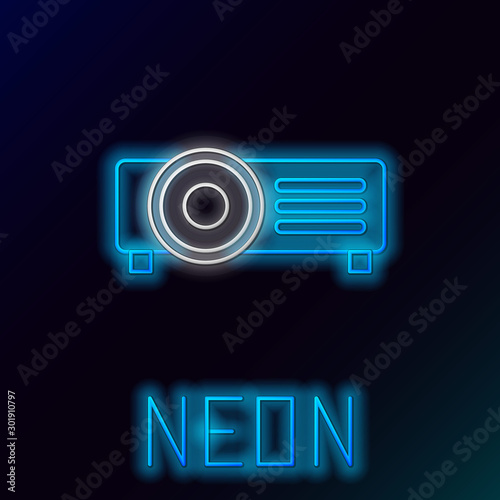 Blue glowing neon line Presentation, movie, film, media projector icon isolated on black background. Colorful outline concept. Vector Illustration