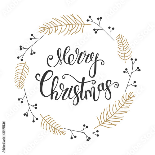 Merry Christmas calligraphy inscription. Decoration with branch on white background. Vector illustration.