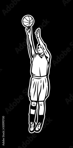 Vintage retro illustration of player do jump shots black and white