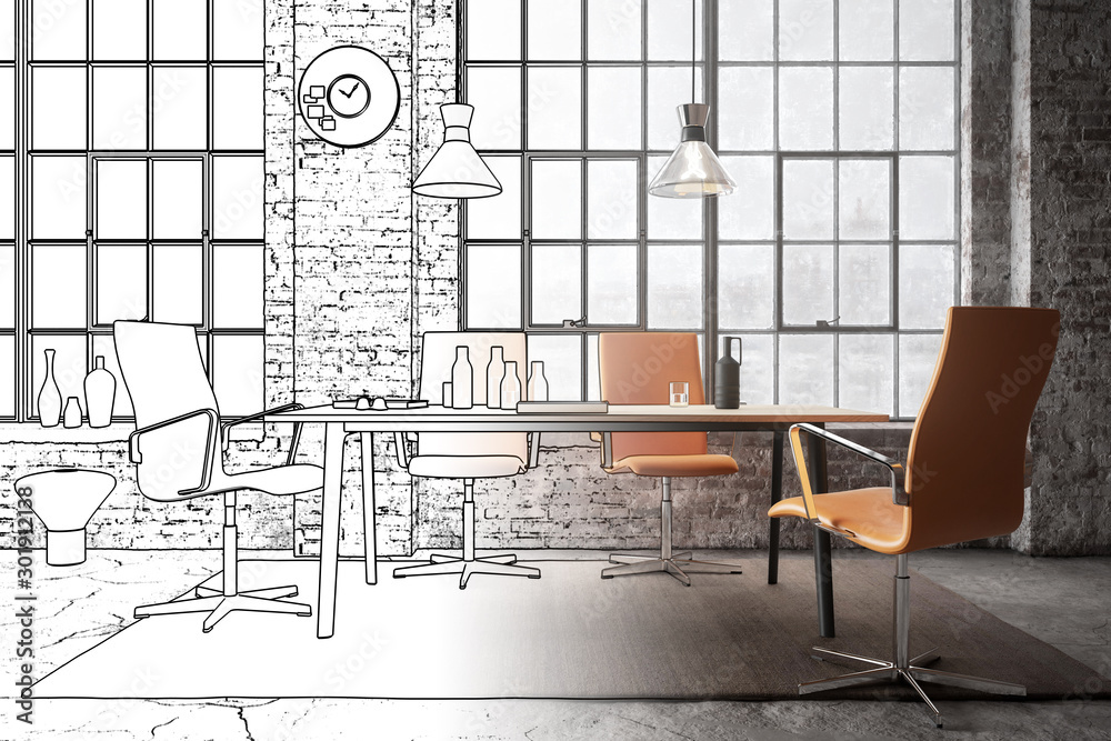 Office Lounge inside an industrial Loft (concept) - 3d visualization - obrazy, fototapety, plakaty 
