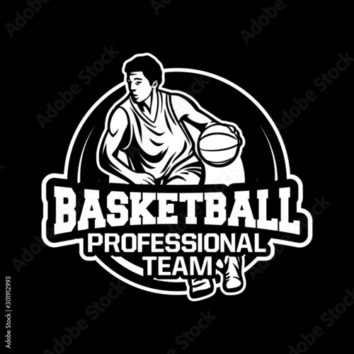 professional team basketball modern logo badge dribbling ball player black and white
