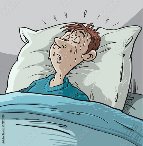 Illustration of a Sleeping Man Soaking in Night Sweats in Bed