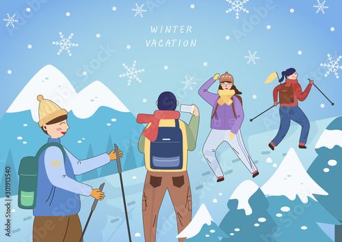 Exciting winter travel line illustration