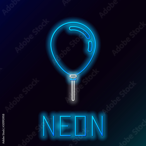 Blue glowing neon line Balloon with ribbon icon isolated on black background. Colorful outline concept. Vector Illustration