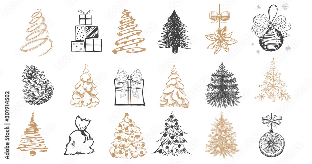 Christmas tree set. Christmas ball set. Hand drawn illustration. - obrazy, fototapety, plakaty 