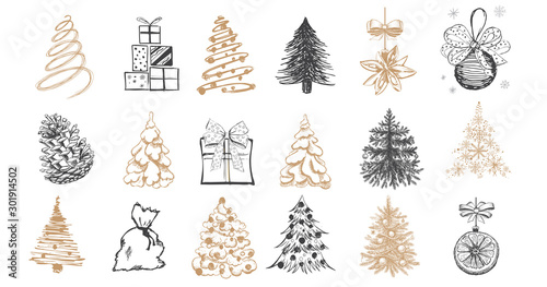 Christmas tree set. Christmas ball set. Hand drawn illustration.