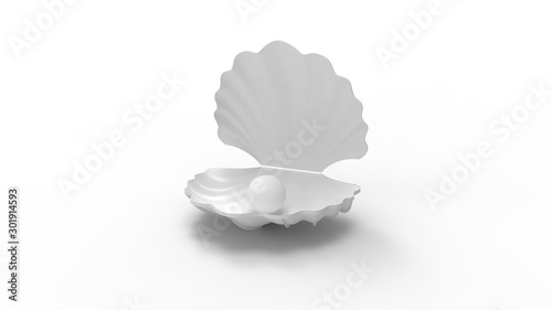 3d rendering of a pearl in a shell isolated in white background