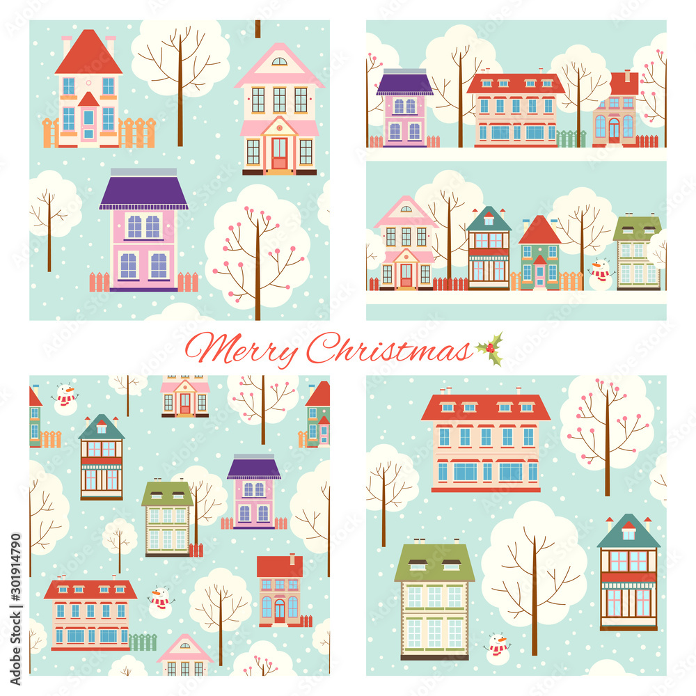 Set of seamless Christmas patterns with cute houses in retro style