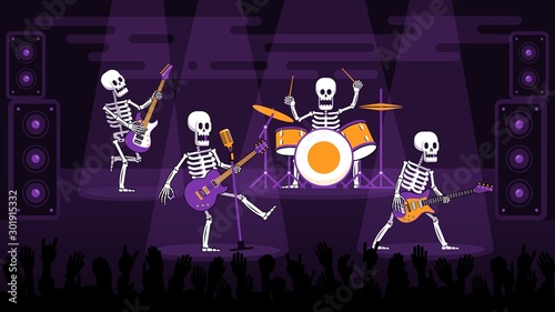 Rock band of skeletons with electric guitars and a drummer performs on stage. Halloween party concert. Vector illustration. photo