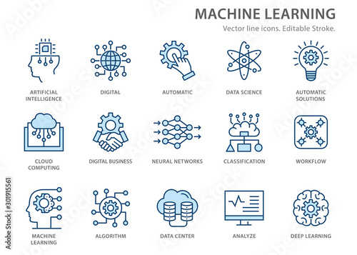 Machine learning line icons set. Vector illustration. Editable stroke.