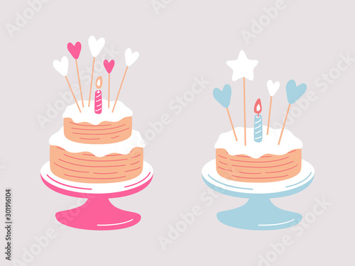 Birthday baby cakes cartoon vector set. Cupcakes for girls and boys decorated with one burning candle and hearts. 