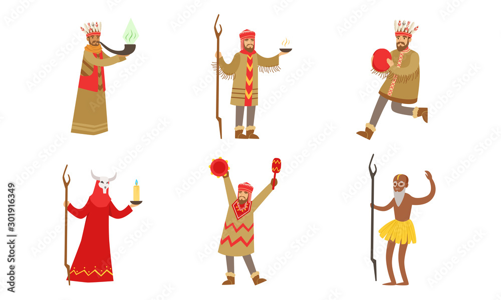 Men in suits of shamans. Vector illustration. Men in suits of shamans. Vector illustration.