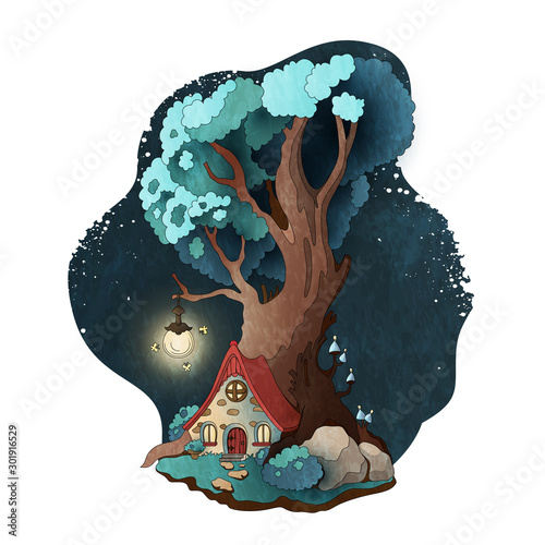 Magic house in roots of the tree. Fairy tale vector illustration