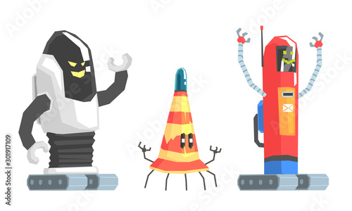 Collection of old humanized robots. Vector illustration.