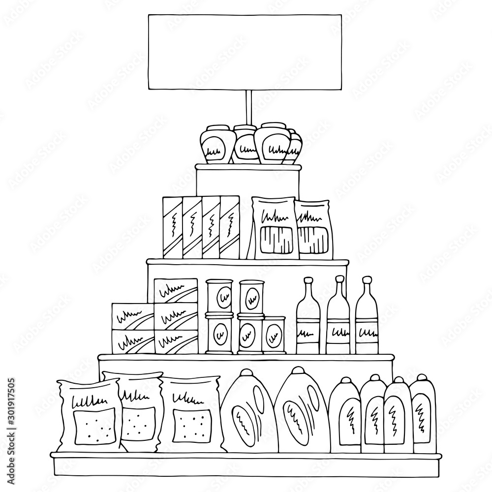 Grocery pyramid shelves graphic black white isolated sketch food store illustration vector
