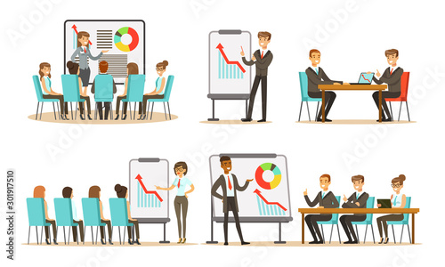Men and women in the office at the meeting. Vector illustration.