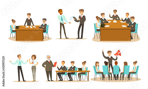 Men and women in the office at a meeting and training. Vector illustration.