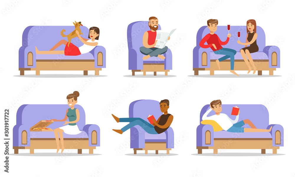 People relaxing at home on the couch. Vector illustration.