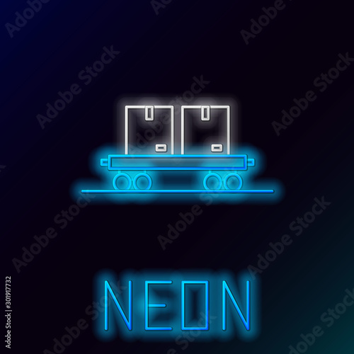 Blue glowing neon line Railway carriage icon isolated on black background. Colorful outline concept. Vector Illustration