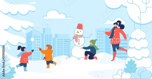 Adult Woman and Children Have Fun in Snowy Park