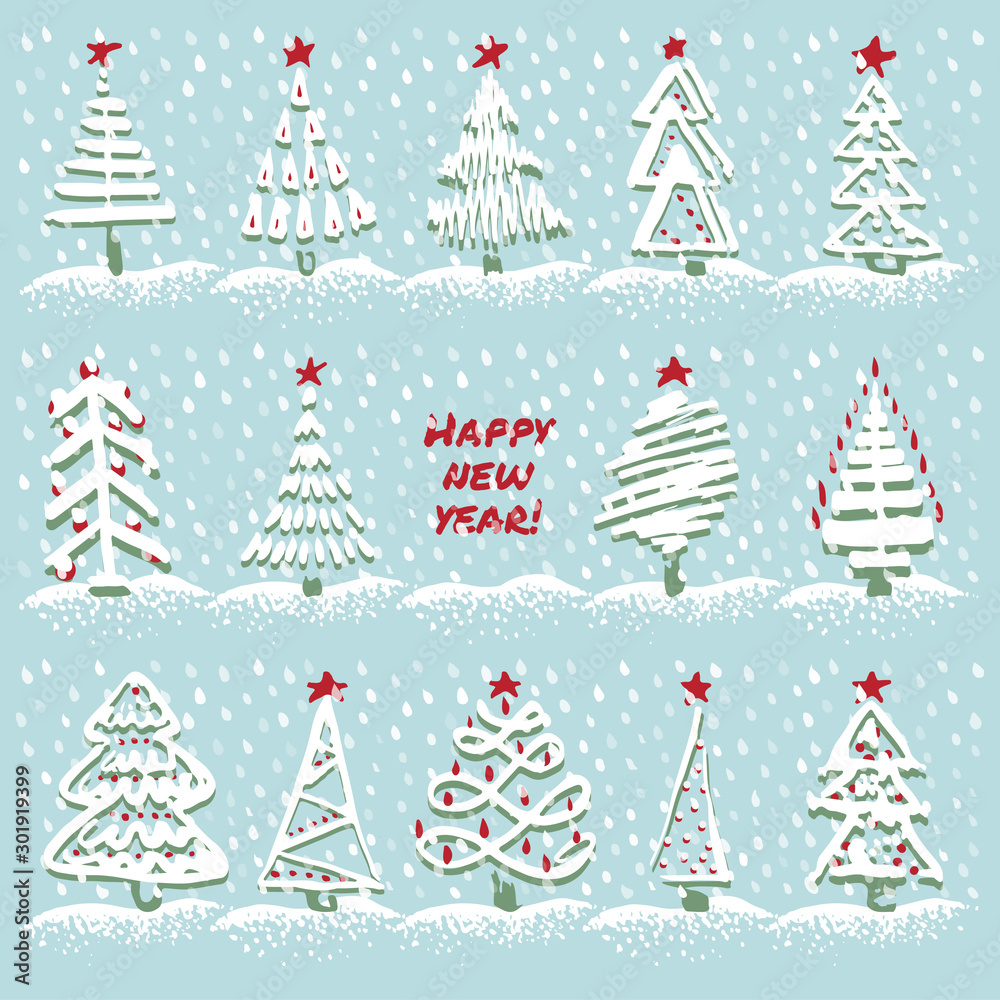 Greeting card Modern sketch set with trendy stylized christmas tree Isolated on background for winter holiday decoration design. Snowy forest Vintage style, flat color