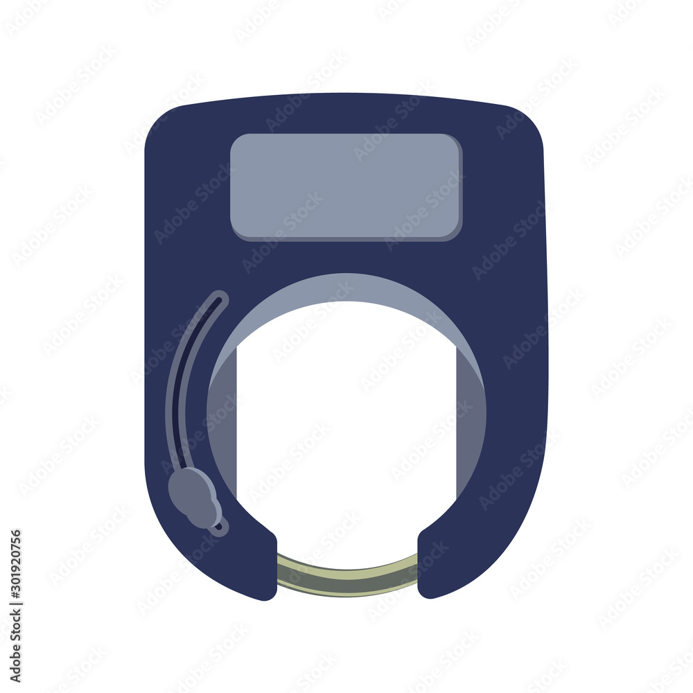 Closed smart bicycle lock in the form of a horseshoe on a white background isolated. Theft protection and payment methods for rent or sharing. Vector flat illustration. QR code and bluetooth Closed smart bicycle lock in the form of a horseshoe on a white background isolated. Theft protection and payment methods for rent or sharing. Vector flat illustration. QR code and bluetooth