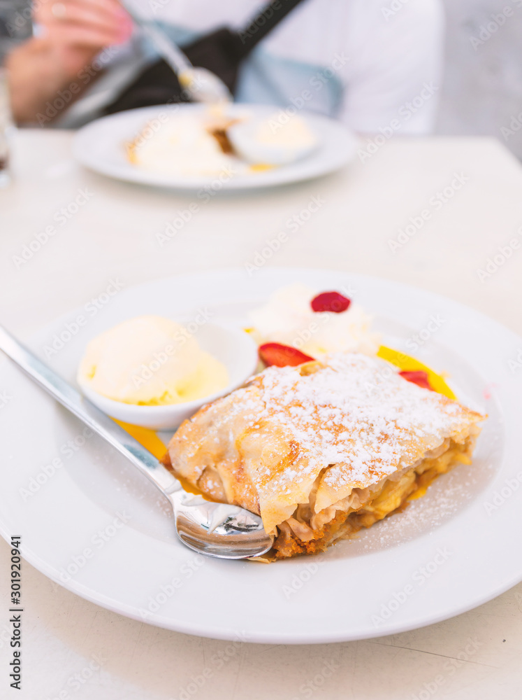 Real Viennese apple strudel in a cafe in Vienna, Austria