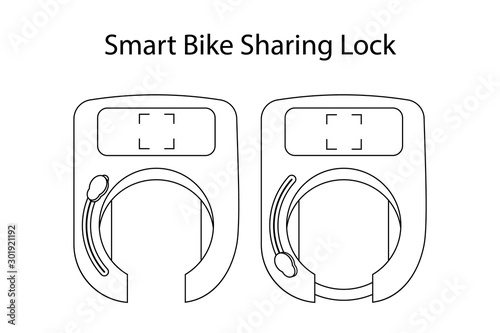 Smart bike sharing lock. Set of open unlocked and closed lock in the form of a horseshoe for electric scooters and bicycles for rent and exchange. On white background vector illustration outline