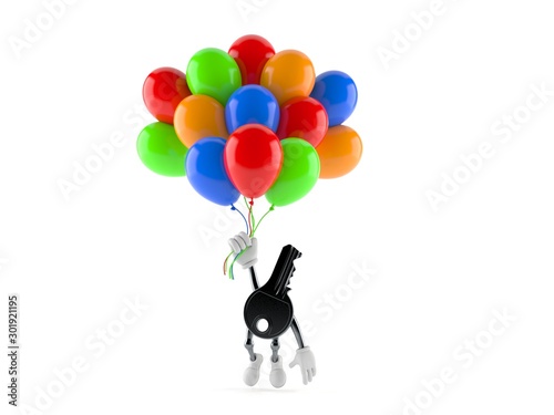 Door key character flying with balloons
