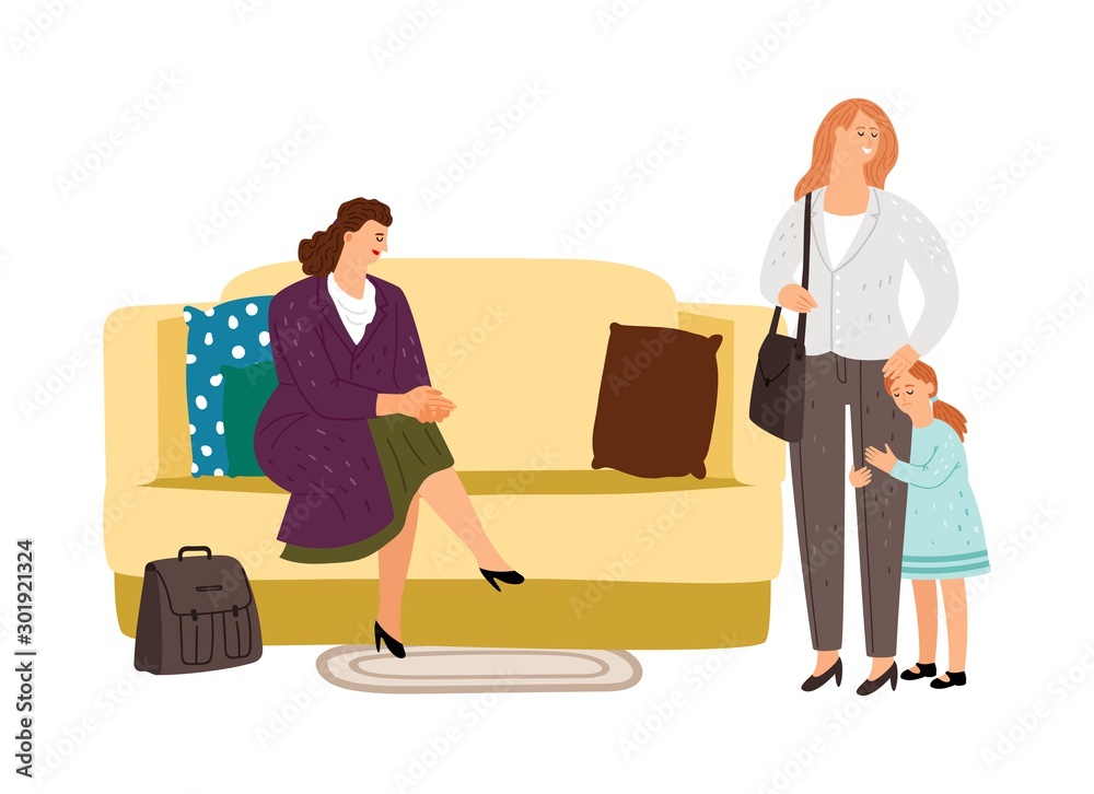 Babysitter concept. Nanny mother and kid. Cartoon character nanny sitting with girl vector concept