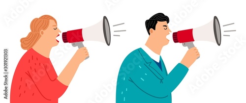 People with megaphone. Social media marketing, promoters vector characters. Screaming man and woman avatars