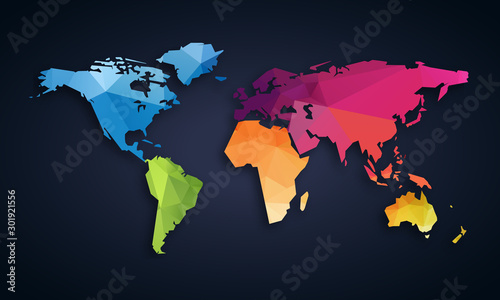 Simple colorful vector template of global world map with modern triangle pattern. Cool infographic template on isolate black background