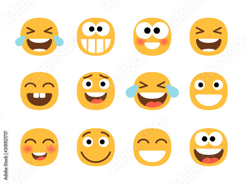 Cheerful emoticons. Funny laughing faces, laugh with tears smile, joy and happiness, smiling cartoon emoji set, lol cheering characters