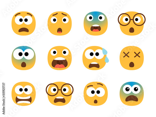 Scared emoticon faces. Vector fearing emoji set, fear screaming face, nervous and stress cartoon characters